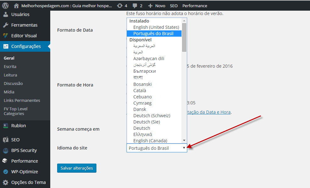 Configurar idioma no WordPress